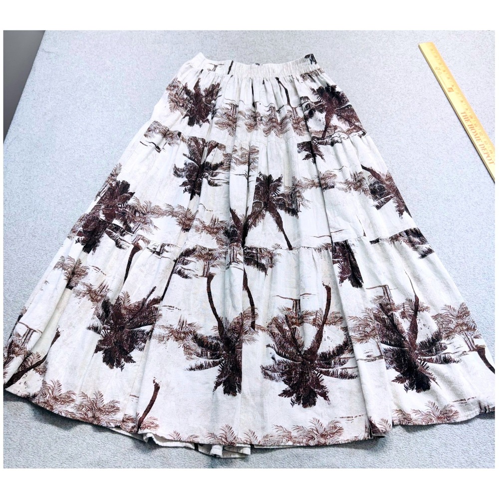Cal Style Maxi Skirt Women S Cream Brown Palm Tree Tiered Linen Blend Boho Flowy - Picture 9 of 9